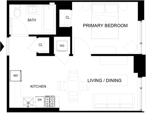Floor plan for 1 bed, 1 bath, 453 sqft